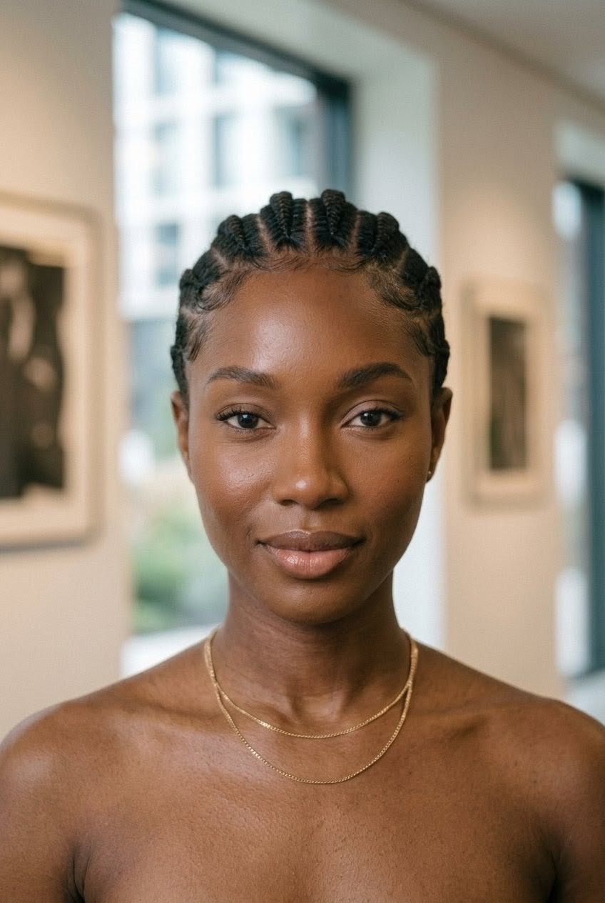 Black woman with neat flat cornrows, preparing her natural hair for a lace wig install
